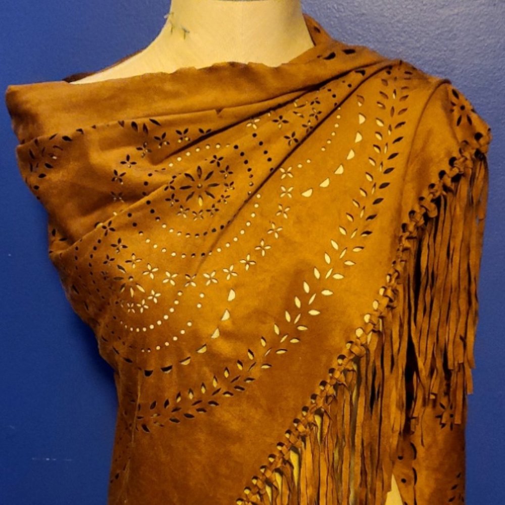 Suede Patterned Cutout Cape with Fringe Accents